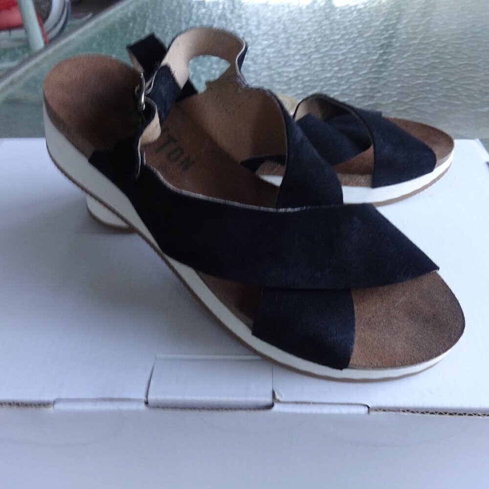 Plakton Bios women's size 10 black suede leather sling back sandals cork insole